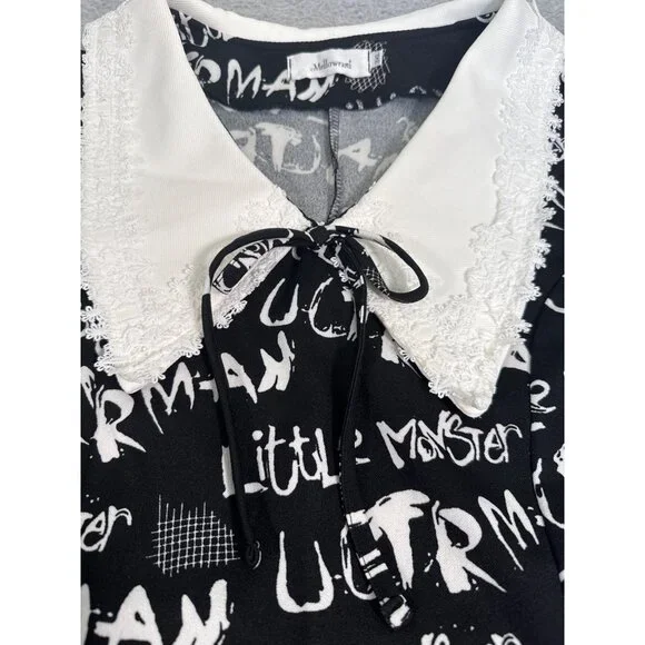 Mellowrani Little Monster Long Sleeve Dress Black & White Cotton Blend Letters - Picture 5 of 12